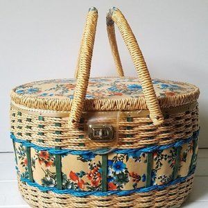 Sears Best Sewing Box Picnic Basket with Hinged Lid, Cane Natural Rope Wicker